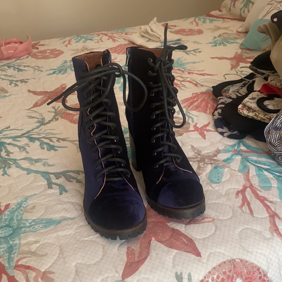 Jeffrey Campbell blue velvet heeled ankle boots - Picture 2 of 3